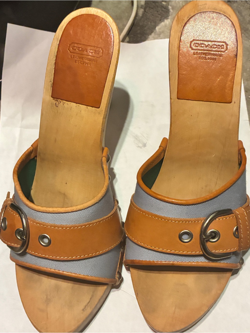 Coach Jackie Twill Tan Leather and pool blue Fabric open toed Mules with Buckle